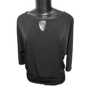 XS Clara Sun Woo Black Keyhole 3/4 Sleeve Banded Hem Womens Shirt Black